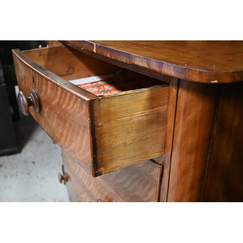 592 - A Victorian satin-birch bow front chest of two short over three long drawers with turned handles, ra... 