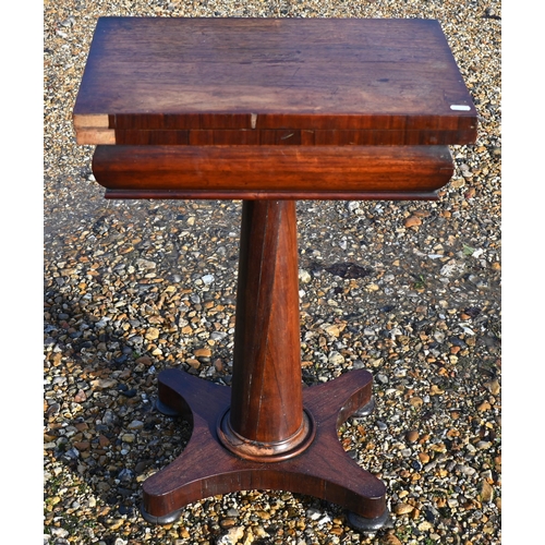 610 - A Regency rosewood games table, the rectangular fold over top revealing a chequers board and backgam... 