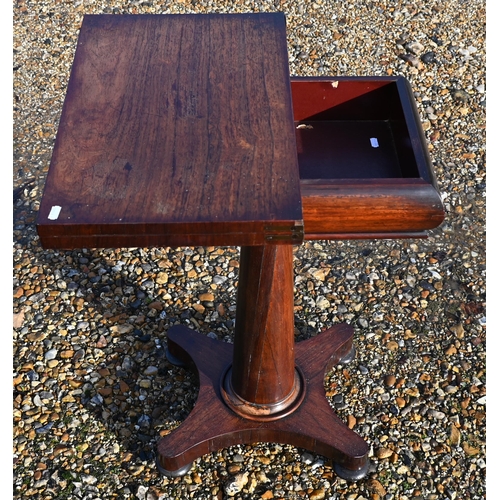 610 - A Regency rosewood games table, the rectangular fold over top revealing a chequers board and backgam... 