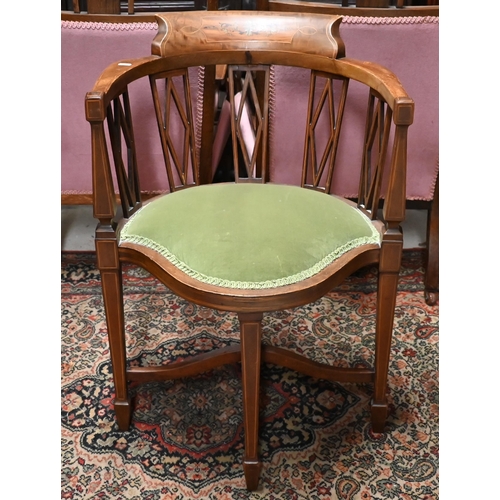 281 - An Edwardian walnut and floral inlaid corner chair with padded green dralon seat