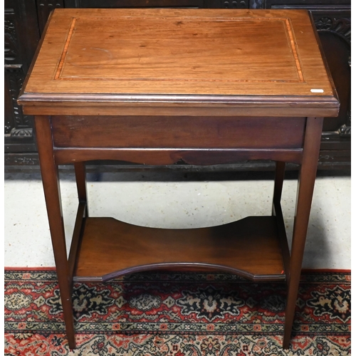 284 - Edwardian walnut inlaid bridge table with folding baize lined revolving top on square tapering suppo... 