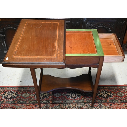 284 - Edwardian walnut inlaid bridge table with folding baize lined revolving top on square tapering suppo... 