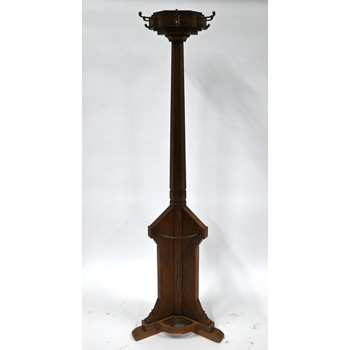 276 - An Arts & Crafts period oak hall stand with brass hooks and stick/umbrella retaining brackets, o... 