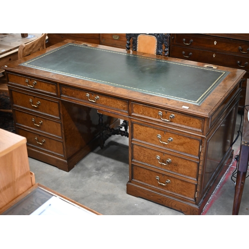 625 - A large burr walnut twin pedestal computer desk with gilt tooled green leather top, 166 cm wide x 82... 