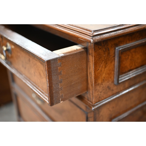 625 - A large burr walnut twin pedestal computer desk with gilt tooled green leather top, 166 cm wide x 82... 