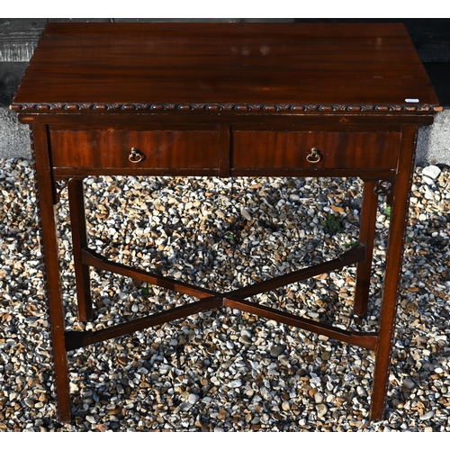 394 - A Chippendale style mahogany card table with folding top over two drawers, 77 cm wide x 42 cm deep x... 