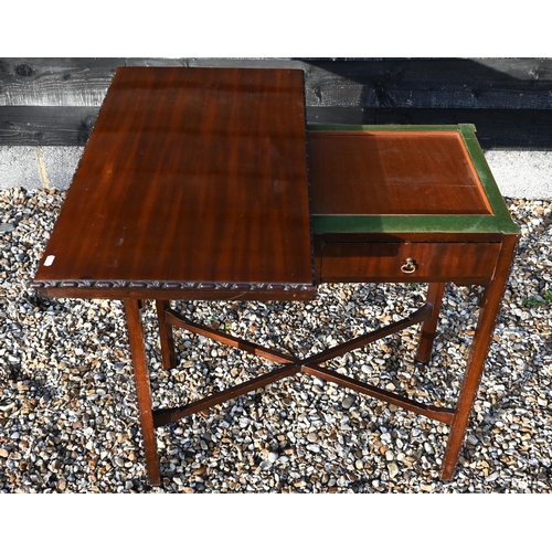 394 - A Chippendale style mahogany card table with folding top over two drawers, 77 cm wide x 42 cm deep x... 