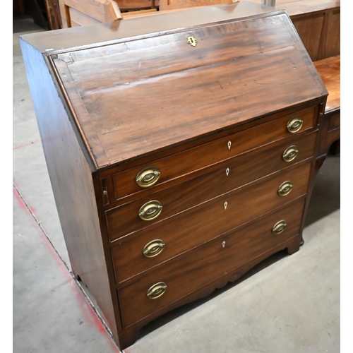 399 - A George III mahogany fall front bureau with fitted interior and four long graduated drawers on brac... 