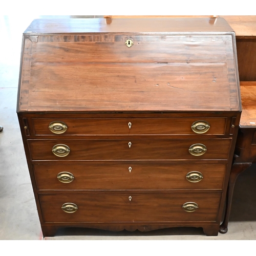 399 - A George III mahogany fall front bureau with fitted interior and four long graduated drawers on brac... 