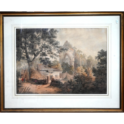 353 - #James Bourne (1773-1854) - A ramshackle house by a ruined Abbey, watercolour, 44.5 x 51 cm... 