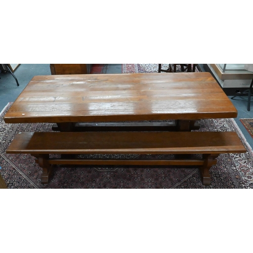 429 - A French heavy oak refectory dining table with rectangular seven-plank biscuit jointed top on a pair... 