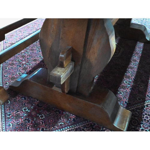 429 - A French heavy oak refectory dining table with rectangular seven-plank biscuit jointed top on a pair... 