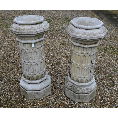 1 - A pair of sectional reconstituted sandstone garden planters on plinths in the form of Victorian Goth... 