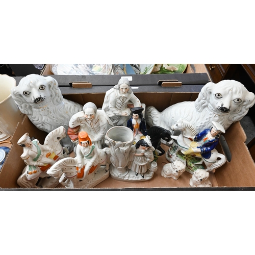 100 - Pair of Staffordshire pottery figures of Shakespeare & Milton, two pairs of equestrian figures, ... 