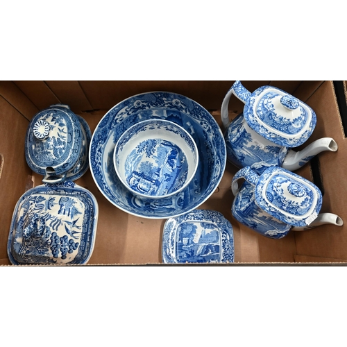 110 - Italian pattern punch-bowl, two coffee pots, two tea plates and souffle dish to/w various other blue... 