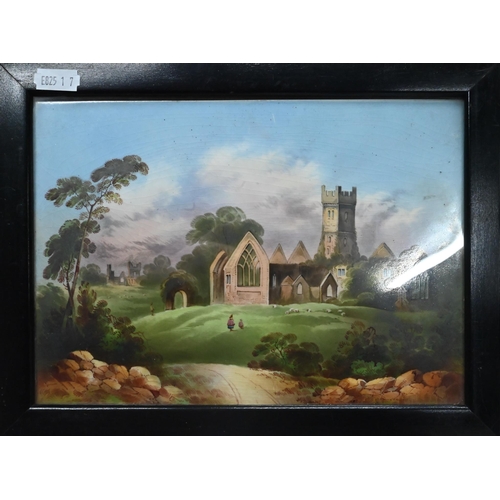 136 - Pair of framed Victorian ceramic tiles, painted with rural landscapes, 16 x 23 cm to/w three Staffor... 