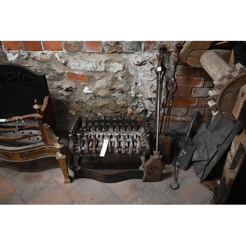14 - A traditional Adam style brass and cast iron backed fire basket to/w a set of five steel fire irons,... 