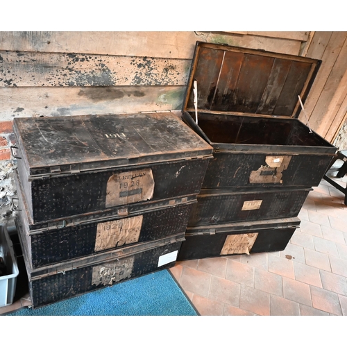 18 - Six old Japanned tin trunks , variously labelled and stencilled (6)