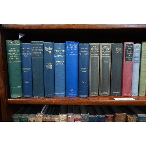 202 - Quantity of vintage hardcover books, including history, biography, travel and literature, on two she... 