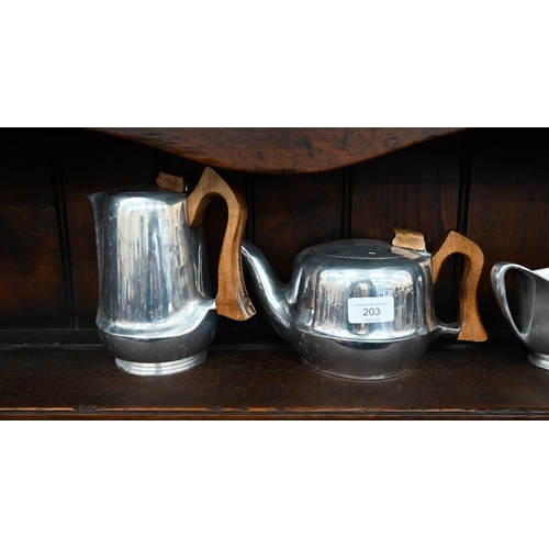 203 - Five pieces of Picquot Ware aluminium alloy tea wares, including tea pot, hot water jug, milk and su... 