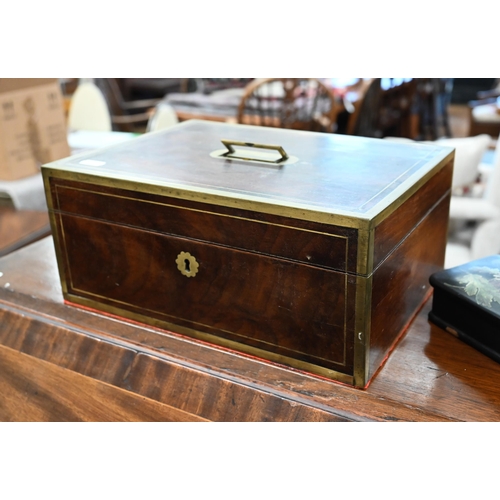 211 - Georgian brass bound mahogany box (lacks some fittings) 31cm wide, to/w a floral-painted papier mach... 