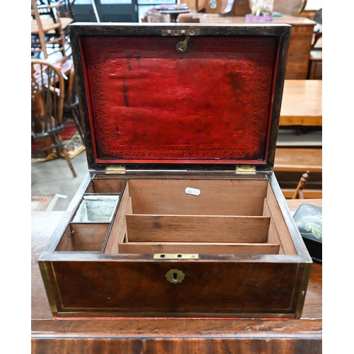 211 - Georgian brass bound mahogany box (lacks some fittings) 31cm wide, to/w a floral-painted papier mach... 