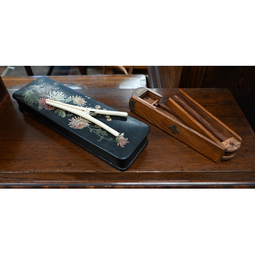 211 - Georgian brass bound mahogany box (lacks some fittings) 31cm wide, to/w a floral-painted papier mach... 