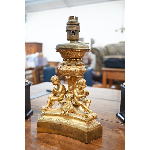 214 - 19th Century ormolu triform lamp-base, mounted with three musical putti, 20cm high, to/w a pair of g... 