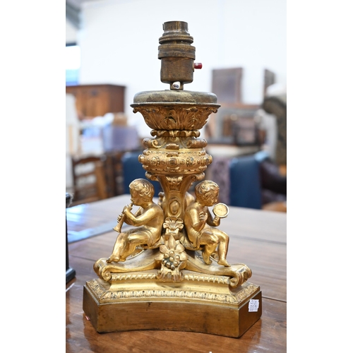 214 - 19th Century ormolu triform lamp-base, mounted with three musical putti, 20cm high, to/w a pair of g... 