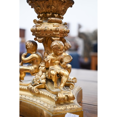 214 - 19th Century ormolu triform lamp-base, mounted with three musical putti, 20cm high, to/w a pair of g... 