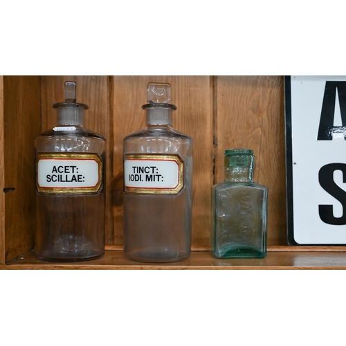 244 - Fourteen glass apothecary jars with enamelled and gilt labels to/w a Kutnows Powders bottle