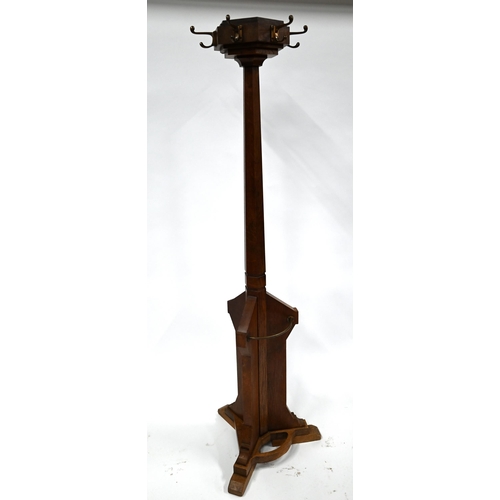 276 - An Arts & Crafts period oak hall stand with brass hooks and stick/umbrella retaining brackets, o... 