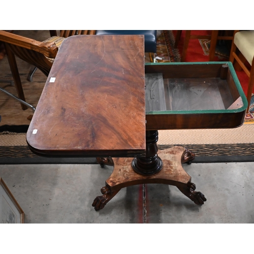 299 - A Regency mahogany fold-over tea table raised on a turned column and concave quadraform base with pa... 