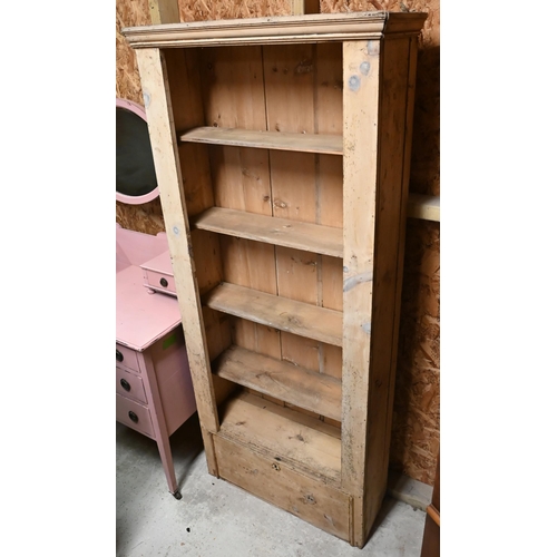 30 - A stained pine open bookcase, with drawer to base - a/f, 78 cm x 20 cm x 178 cm h