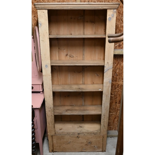 30 - A stained pine open bookcase, with drawer to base - a/f, 78 cm x 20 cm x 178 cm h