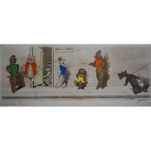 307 - A trio of French comic dog etchings, pencil signed, 17 x 44 cm (3)