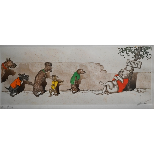 307 - A trio of French comic dog etchings, pencil signed, 17 x 44 cm (3)