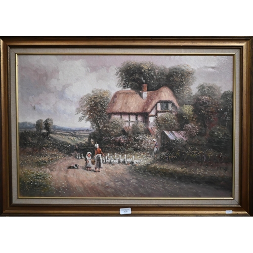 308 - #Ritter? Geese and figures before a thatched cottage, indistinctly signed lower left, oil on canvas,... 