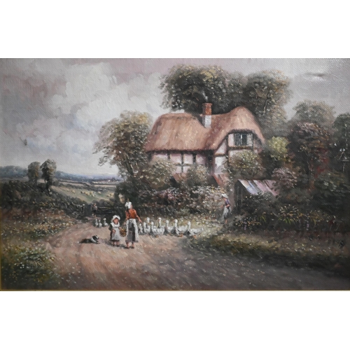 308 - #Ritter? Geese and figures before a thatched cottage, indistinctly signed lower left, oil on canvas,... 