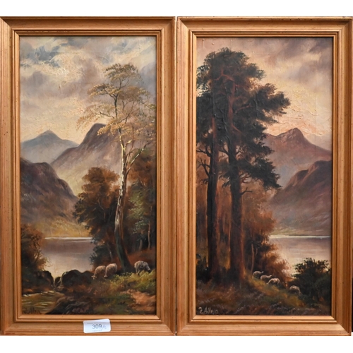 309 - F Allen - Pair of lakeland views with sheep, oil on canvas, signed, 40 x 19 cm (2)