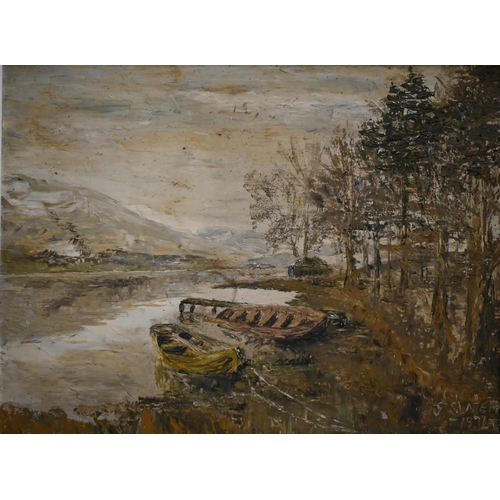 318 - Jonathan Slater - river view oil on board, signed and dated, 44 x 59 cm to/w Cheri abstract, oil on ... 