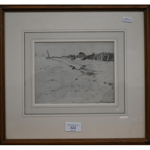 322 - Frank Short (1857-1945) - Estuary at low tide, etching, signed, 14.5 x 19 cm