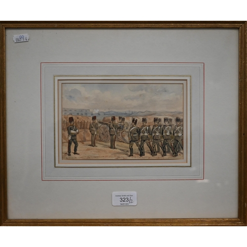 323 - Richard Simkin (1840-1926) - Royal Artillery cannoneers, watercolour, signed, 12 x 19 cm to/w Royal ... 