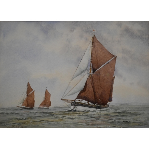 326 - F Everard - TSB Cambria in the lead, watercolour, signed, 25.5 x 35.5 cm to/w watercolour of Honfleu... 