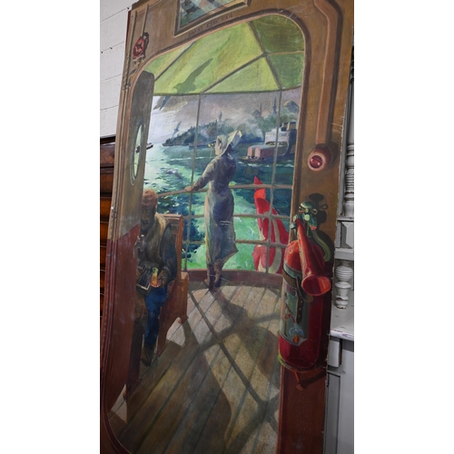 328 - A Turkish tromp l'oeil panel depicting a lady on a boat leaving shore, 223 x 122 cm