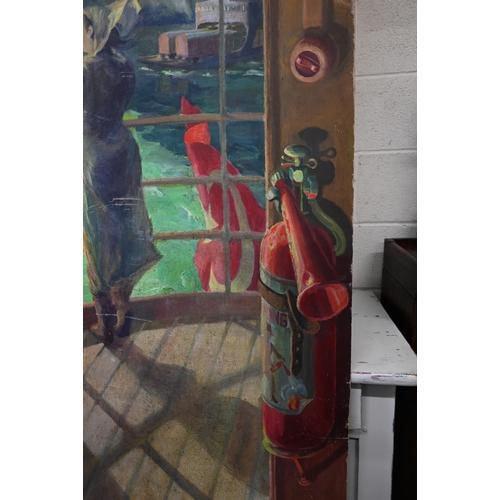 328 - A Turkish tromp l'oeil panel depicting a lady on a boat leaving shore, 223 x 122 cm