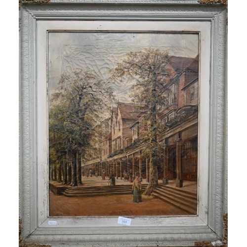 333 - English school - The Pantiles, Tunbridge Wells, oil on canvas, indistinctly signed, 53 x 43 cm a/f