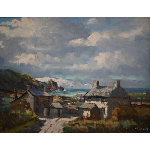 335 - Edwards - Welsh coastal village, oil on board, signed, 34 x 44 cm 