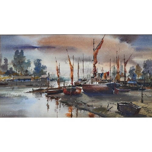 336 - Frank Phillips? - Boatyard on a river, watercolour, signed, 39 x 72 cm 