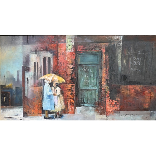 337 - Geoff Phillip - 'Coal' street scene, oil on canvas, signed, 49 x 90 cm 